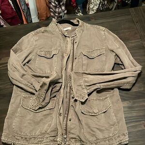 LOFT collarless green frayed jacket size M